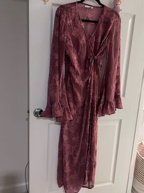 ASOS DESIGN burnout floral wrap dress with flared sleeves in dark rose